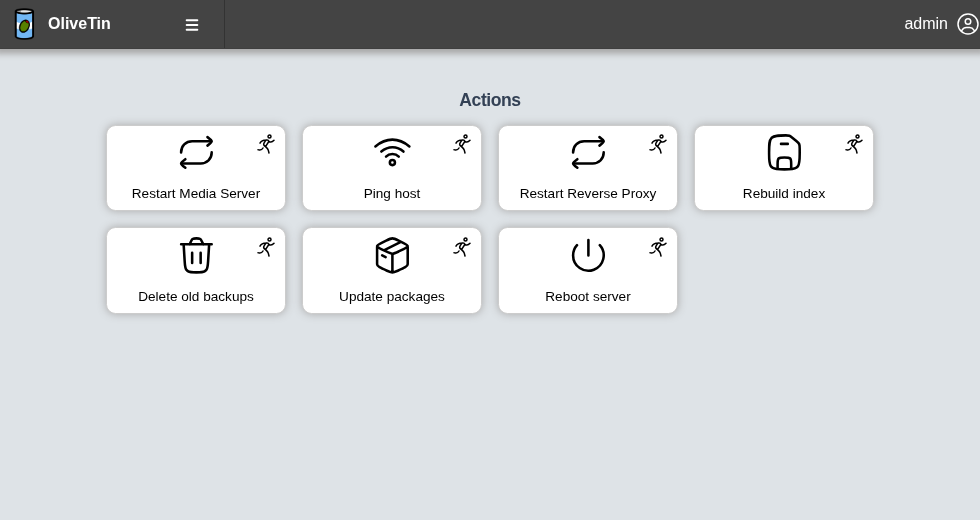 Admin view of OliveTin showing many actions including reboot and backups