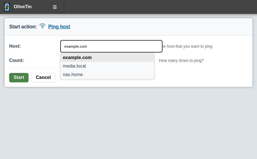 OliveTin argument form for Ping host with host dropdown and count field
