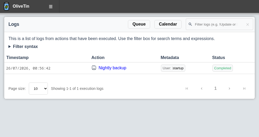 OliveTin logs showing a nightly backup run on a cron schedule
