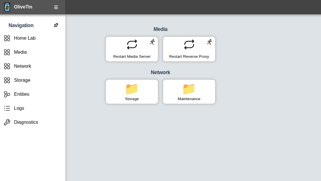 OliveTin dashboard with Media and Network sections