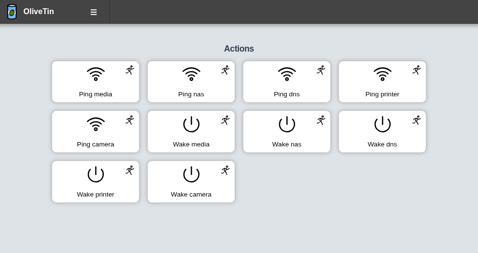 OliveTin Actions page with Ping and Wake buttons generated per host entity