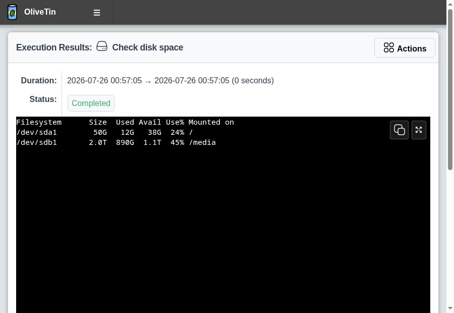 OliveTin execution results showing completed disk space check output