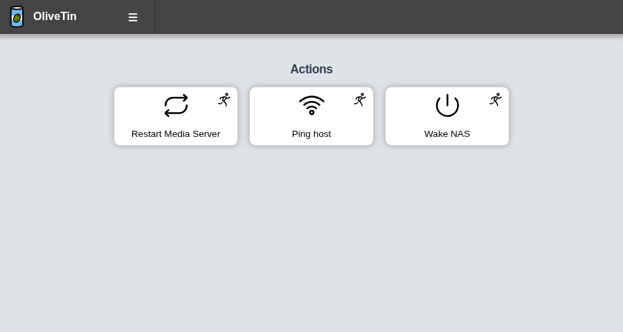 OliveTin Actions page with a short list of approved buttons for non-admin users