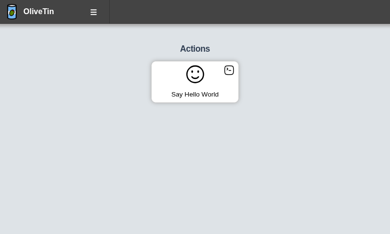 OliveTin with a single Say Hello World action after a minimal install