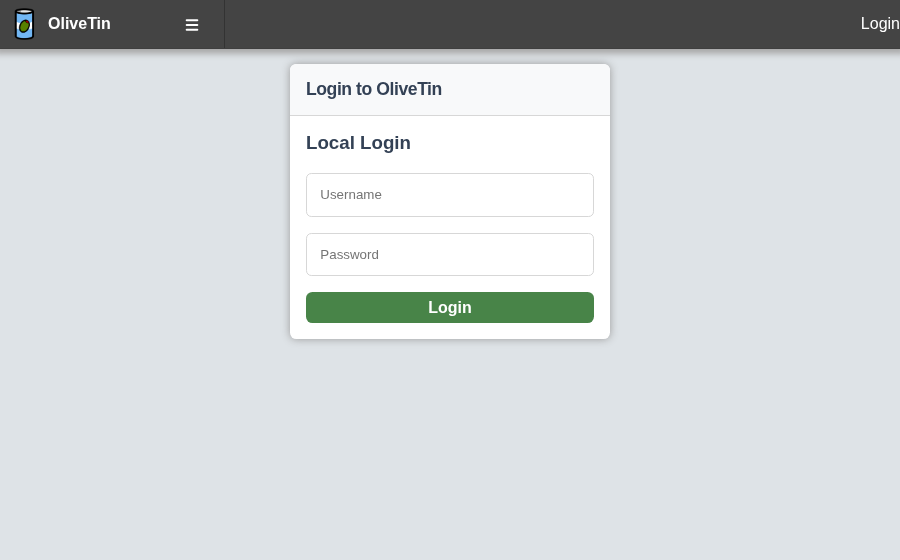 OliveTin login page with local username and password fields