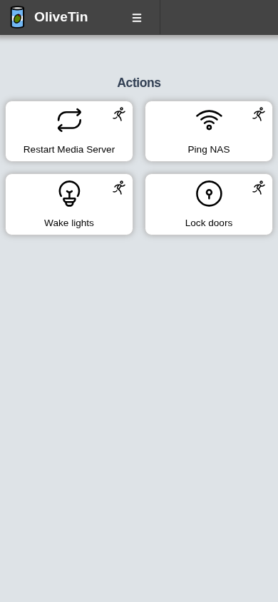 OliveTin mobile layout with home and server actions as large touch buttons