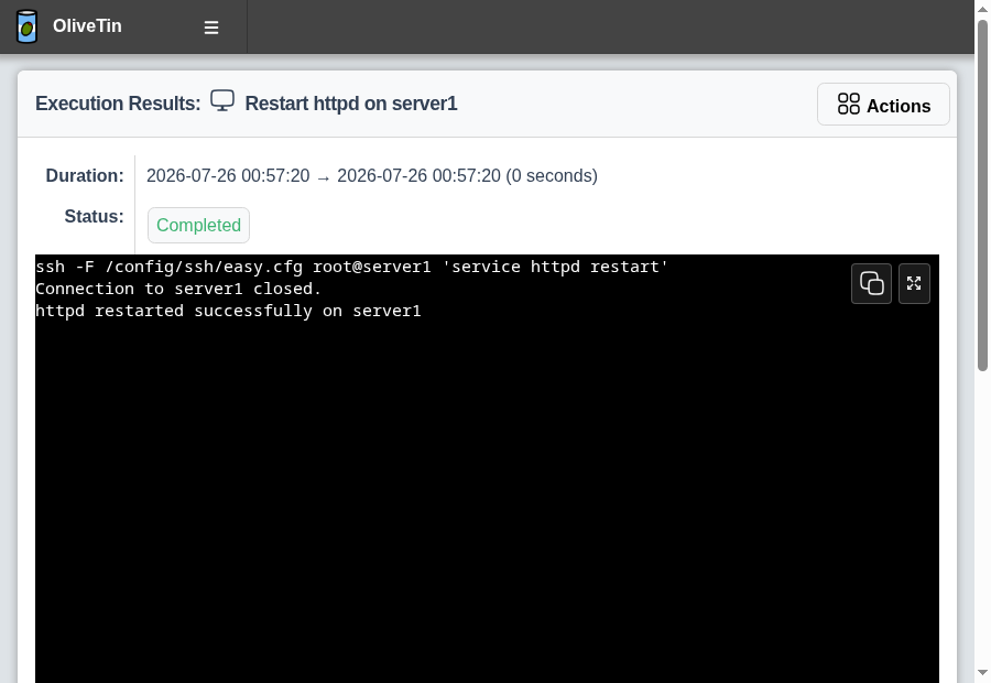 OliveTin actions for restarting a remote web server and checking uptime over SSH