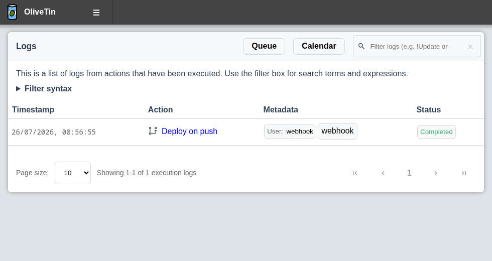 OliveTin logs showing an action triggered by a webhook