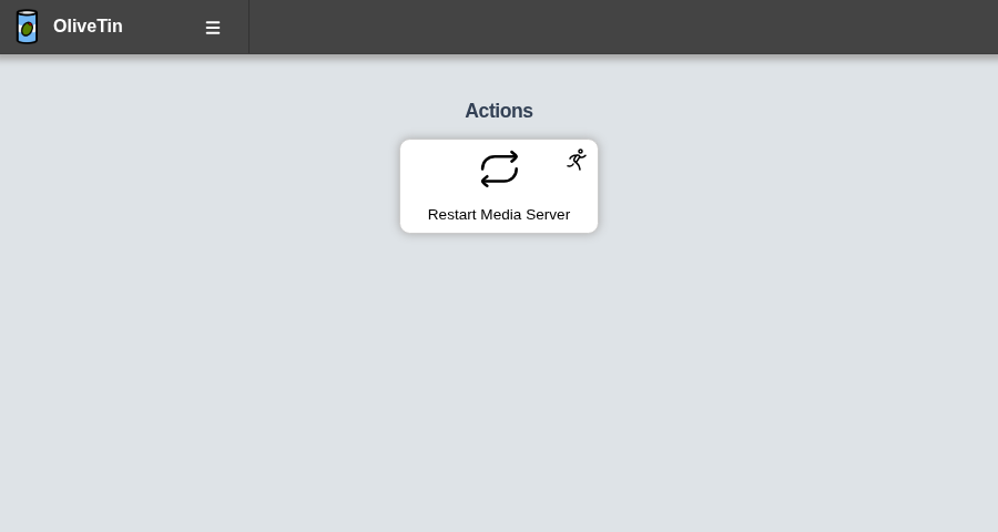 OliveTin Actions page showing a restart button generated from YAML